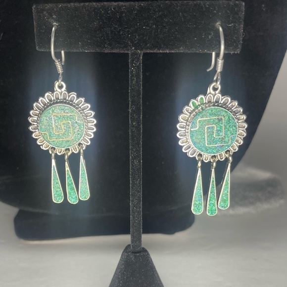 Vintage Sterling Silver Alpaca Dangle Earrings with Turquoise Inlay - Picture 1 of 5